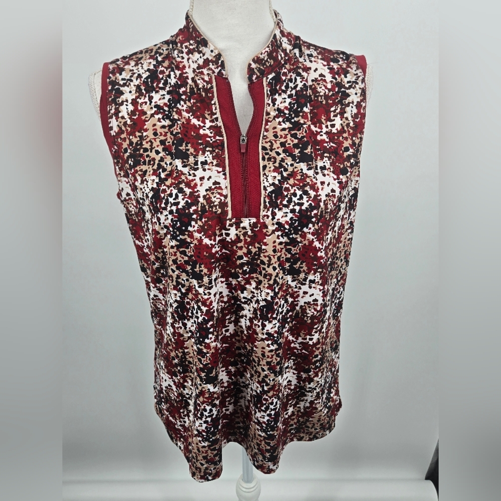Lady Pin Seeker Red Brown Abstract Print Zip-Front Sleeveless Top Large (6299)